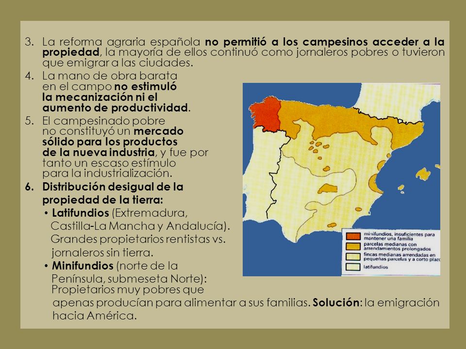 La reforma agraria española no permitió a los campesinos acceder a la propiedad, la mayoría de ellos continuó como jornaleros pobres o tuvieron que emigrar a las ciudades.