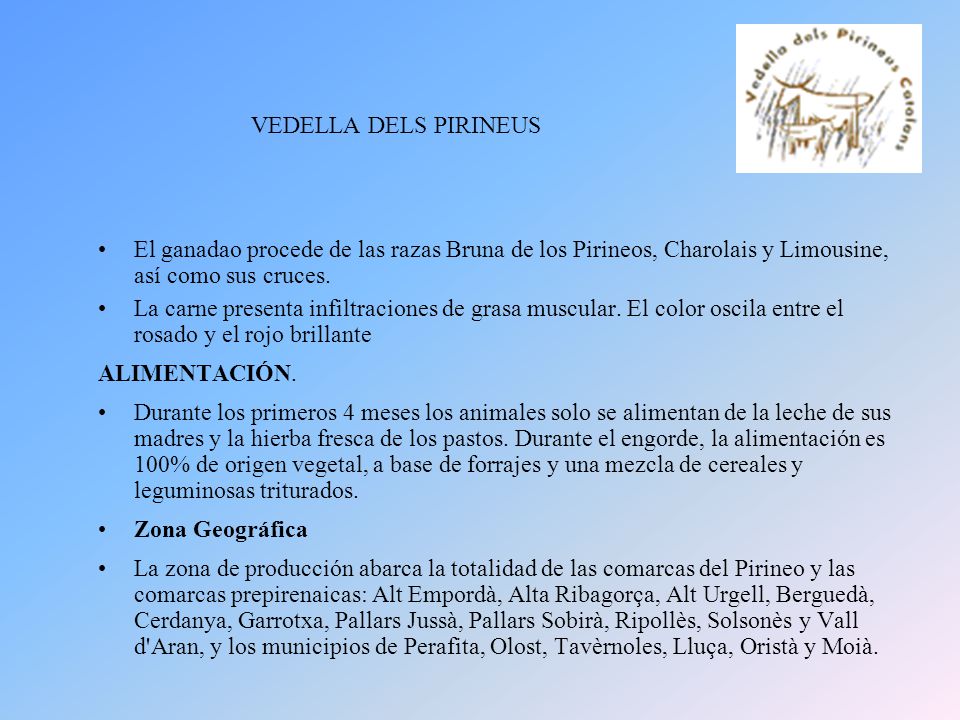 VEDELLA DELS PIRINEUS El ganadao procede de las razas Bruna de los Pirineos, Charolais y Limousine, así como sus cruces.