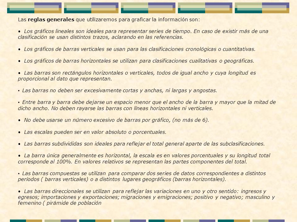 Las reglas generales que utilizaremos para graficar la información son: