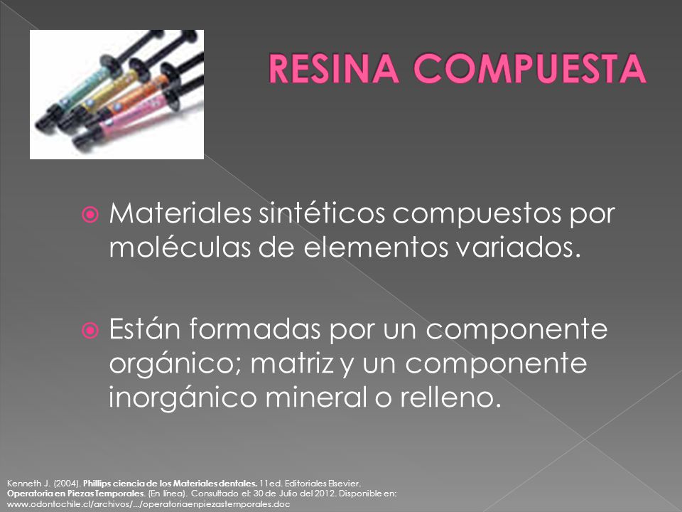 RESINA COMPUESTA Materiales sintéticos compuestos por moléculas de elementos variados.