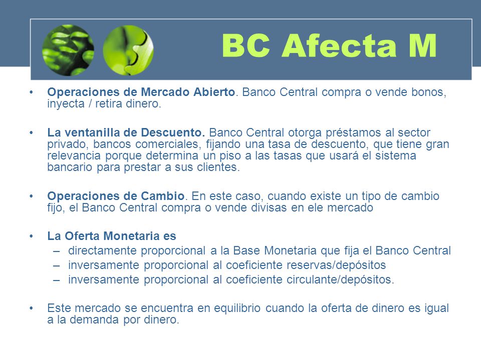 BC Afecta M Operaciones de Mercado Abierto. Banco Central compra o vende bonos, inyecta / retira dinero.