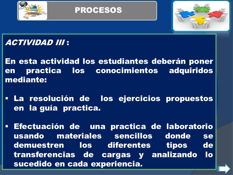 PROCESOS ACTIVIDAD III : En esta actividad los estudiantes deberán poner en practica los conocimientos adquiridos mediante: