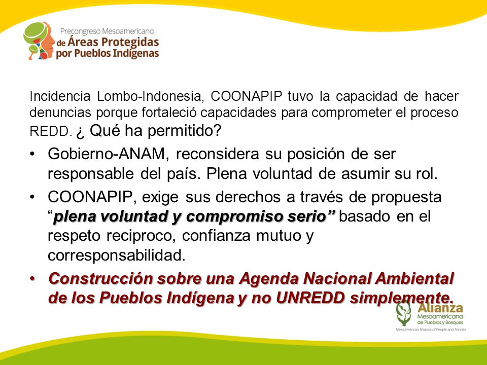 Incidencia Lombo-Indonesia, COONAPIP tuvo la capacidad de hacer denuncias porque fortaleció capacidades para comprometer el proceso REDD. ¿ Qué ha permitido
