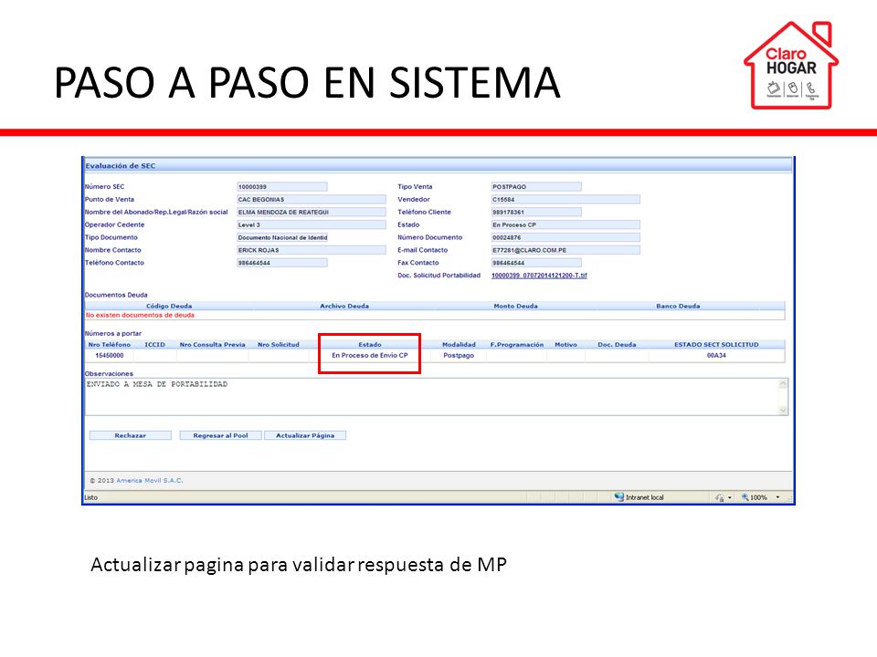 PASO A PASO EN SISTEMA Actualizar pagina para validar respuesta de MP