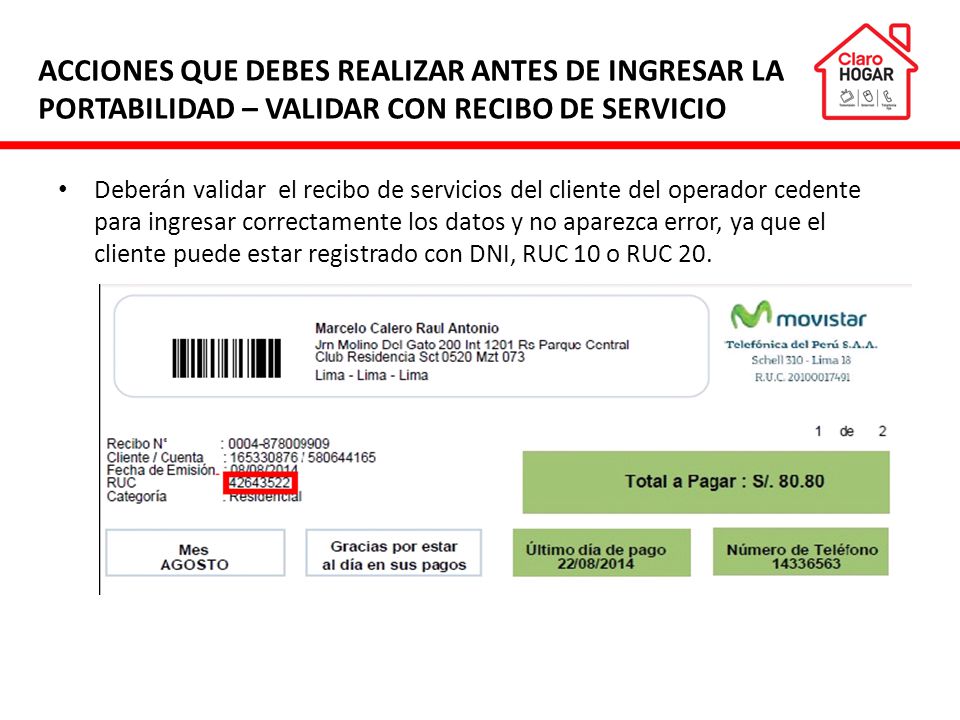 ACCIONES QUE DEBES REALIZAR ANTES DE INGRESAR LA PORTABILIDAD – VALIDAR CON RECIBO DE SERVICIO