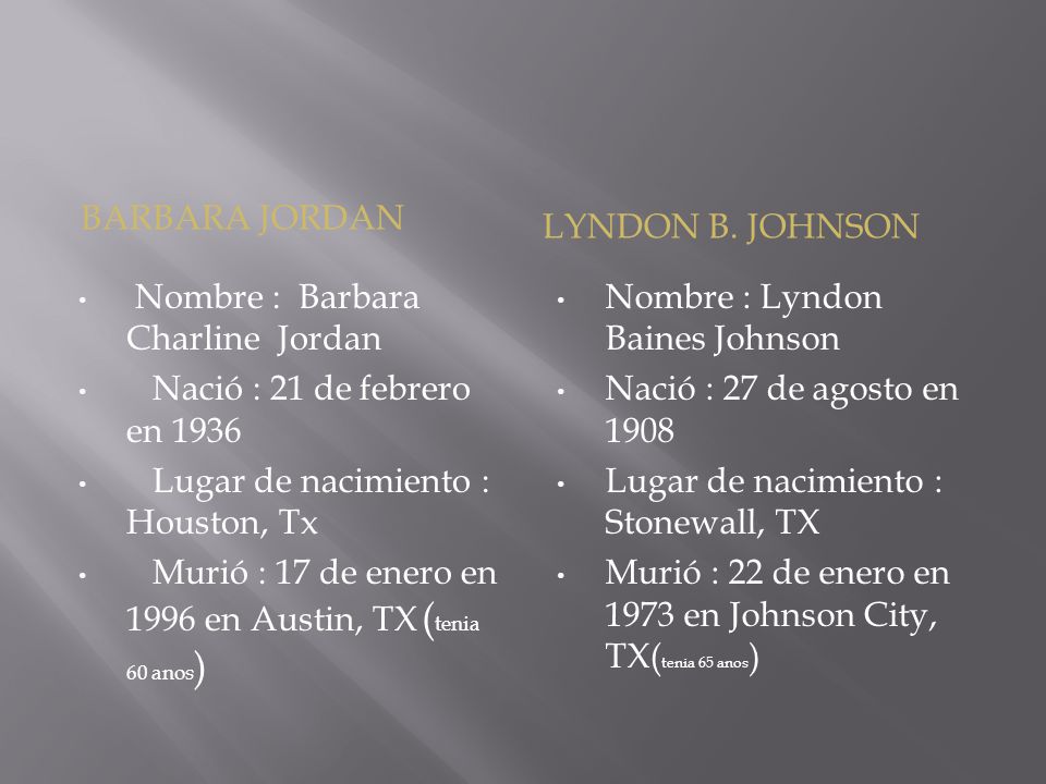 BARBARA JORDAN LynDON B. JOHNSON. Nombre : Barbara Charline Jordan. Nació : 21 de febrero en