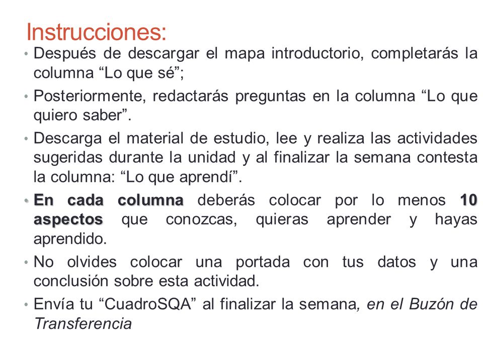 Instrucciones: Después de descargar el mapa introductorio, completarás la columna Lo que sé ;