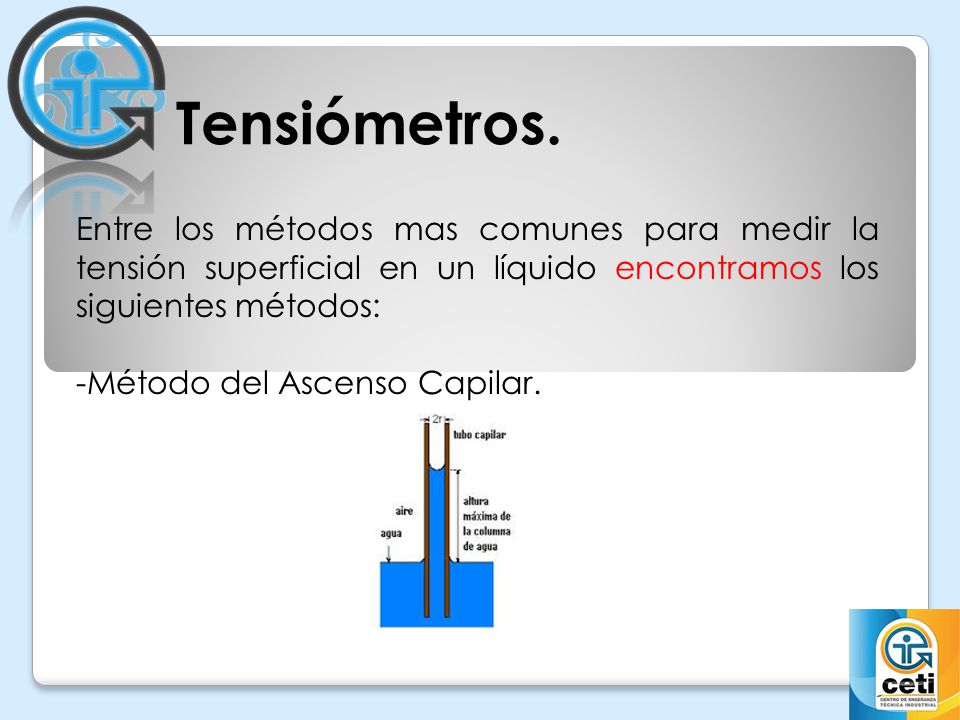 Tensiómetros. Entre los métodos mas comunes para medir la tensión superficial en un líquido encontramos los siguientes métodos: