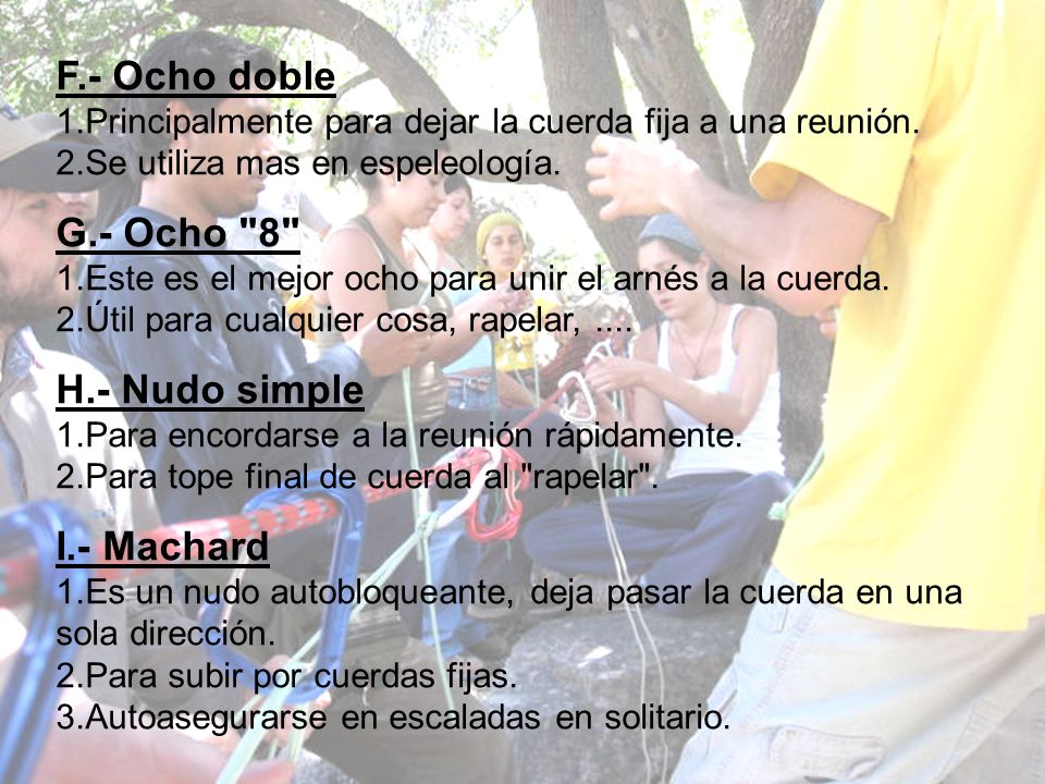 F.- Ocho doble G.- Ocho 8 H.- Nudo simple I.- Machard