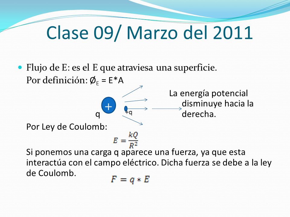 Clase 09/ Marzo del 2011 Flujo de E: es el E que atraviesa una superficie. Por definición: ØE = E*A.