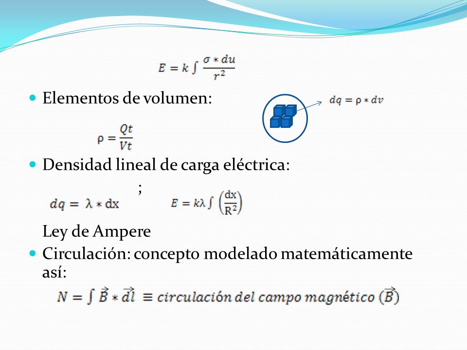Elementos de volumen: Densidad lineal de carga eléctrica: ; Ley de Ampere.