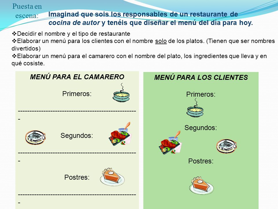 Puesta en escena: Imaginad que sois los responsables de un restaurante de cocina de autor y tenéis que diseñar el menú del día para hoy.