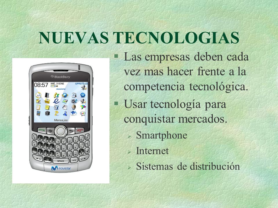 NUEVAS TECNOLOGIAS Las empresas deben cada vez mas hacer frente a la competencia tecnológica. Usar tecnología para conquistar mercados.