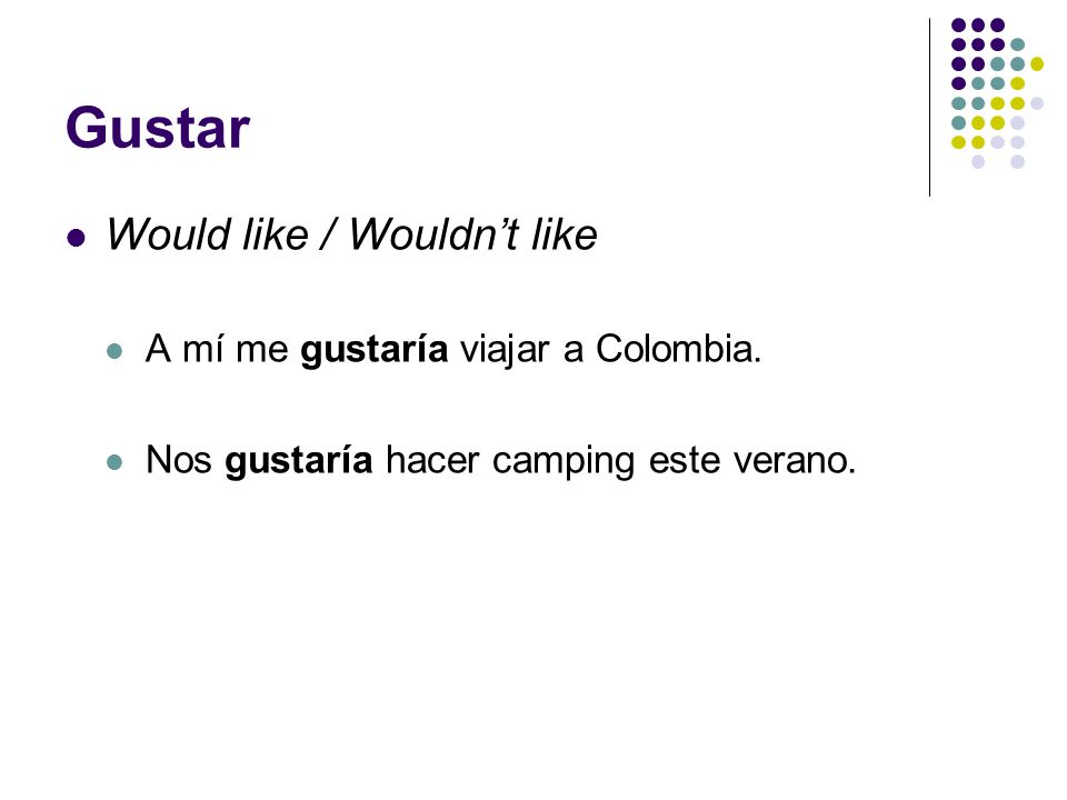Gustar Would like / Wouldn’t like A mí me gustaría viajar a Colombia.