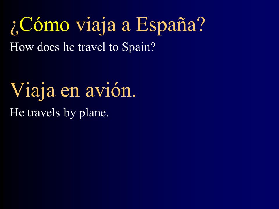 ¿Cómo viaja a España Viaja en avión. How does he travel to Spain