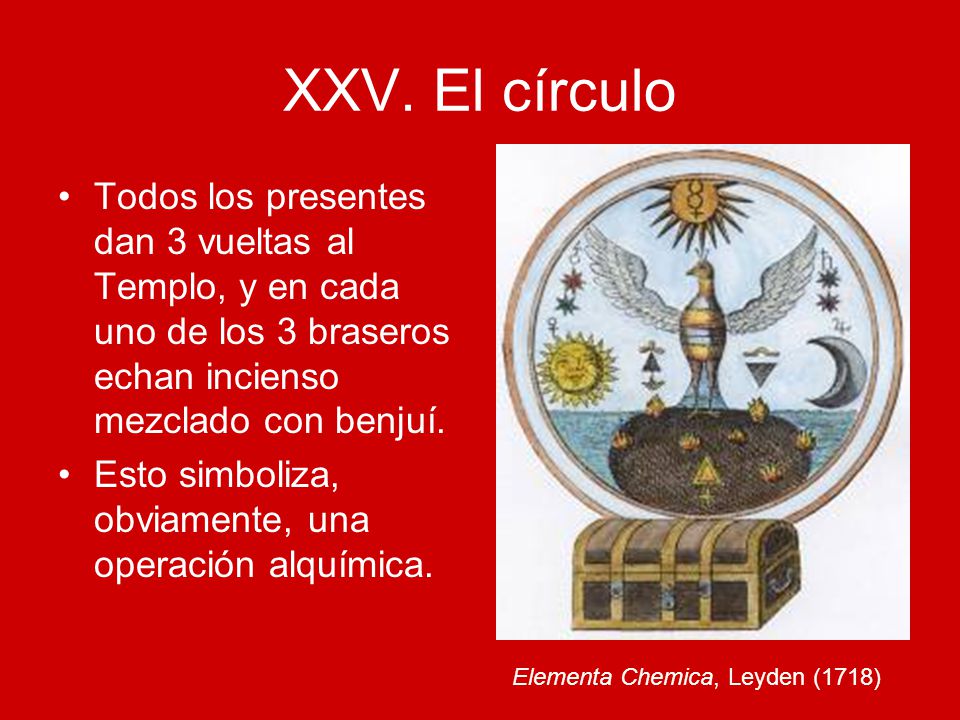 XXV. El círculo Todos los presentes dan 3 vueltas al Templo, y en cada uno de los 3 braseros echan incienso mezclado con benjuí.
