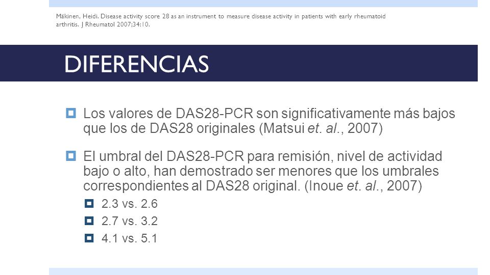 Mäkinen, Heidi. Disease activity score 28 as an instrument to measure disease activity in patients with early rheumatoid arthritis. J Rheumatol 2007;34:10.