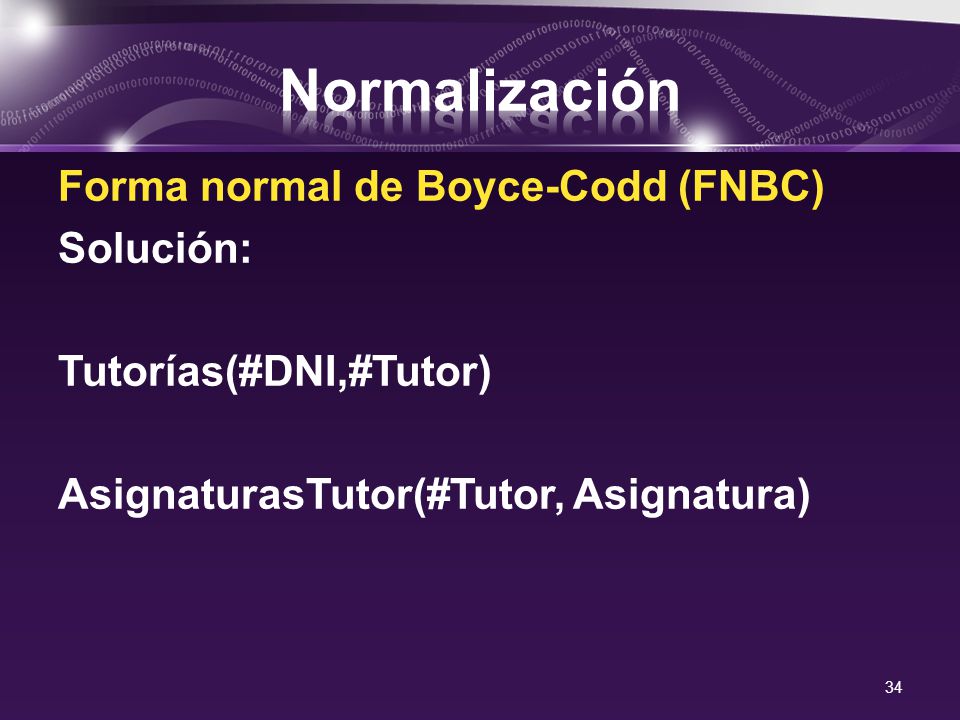 Normalización Forma normal de Boyce-Codd (FNBC) Solución: Tutorías(#DNI,#Tutor) AsignaturasTutor(#Tutor, Asignatura)
