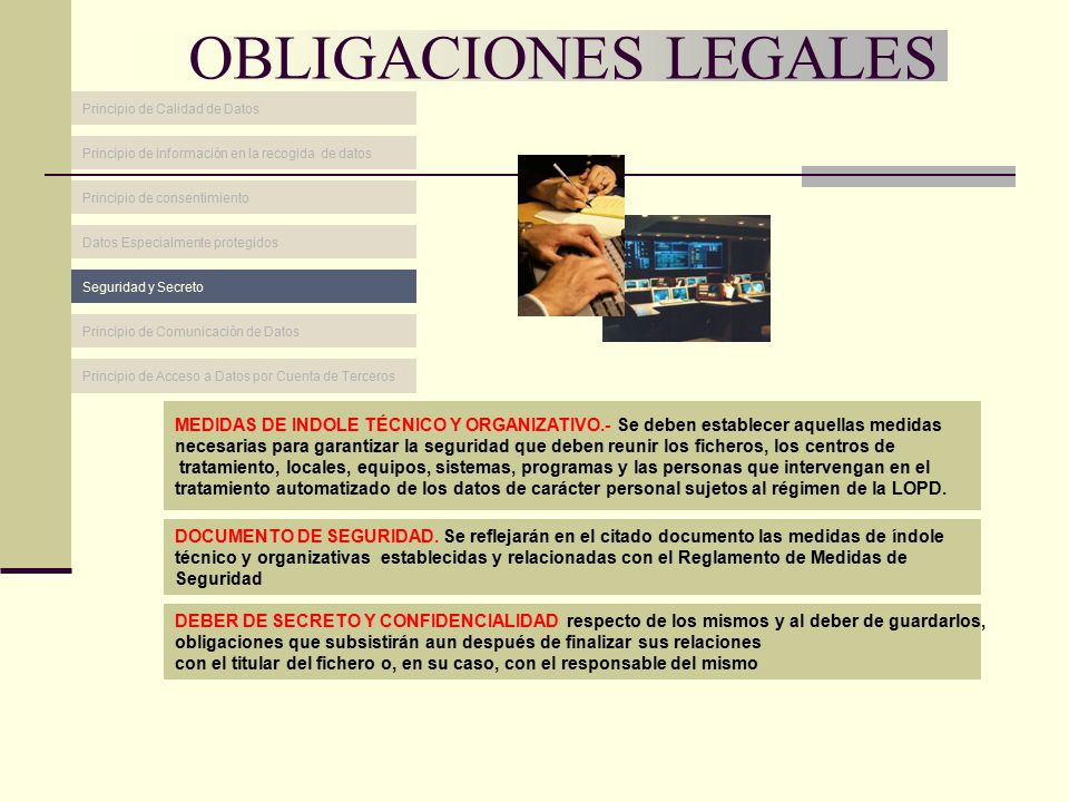 OBLIGACIONES LEGALES Principio de Calidad de Datos. Principio de información en la recogida de datos.