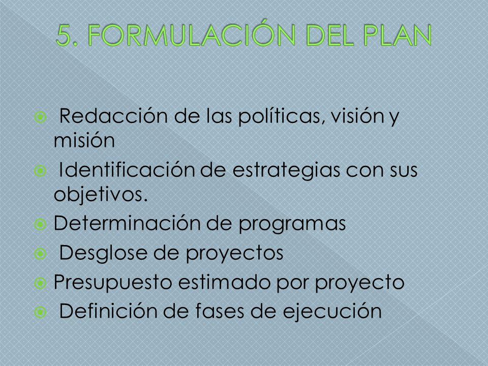 5. FORMULACIÓN DEL PLAN Redacción de las políticas, visión y misión