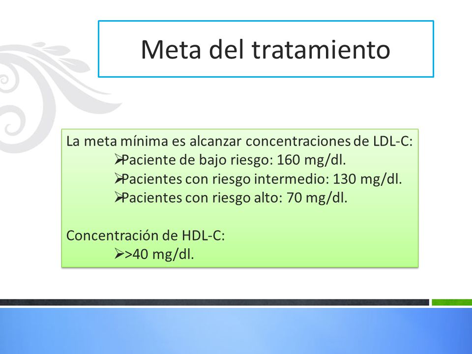 Meta del tratamiento La meta mínima es alcanzar concentraciones de LDL-C: Paciente de bajo riesgo: 160 mg/dl.