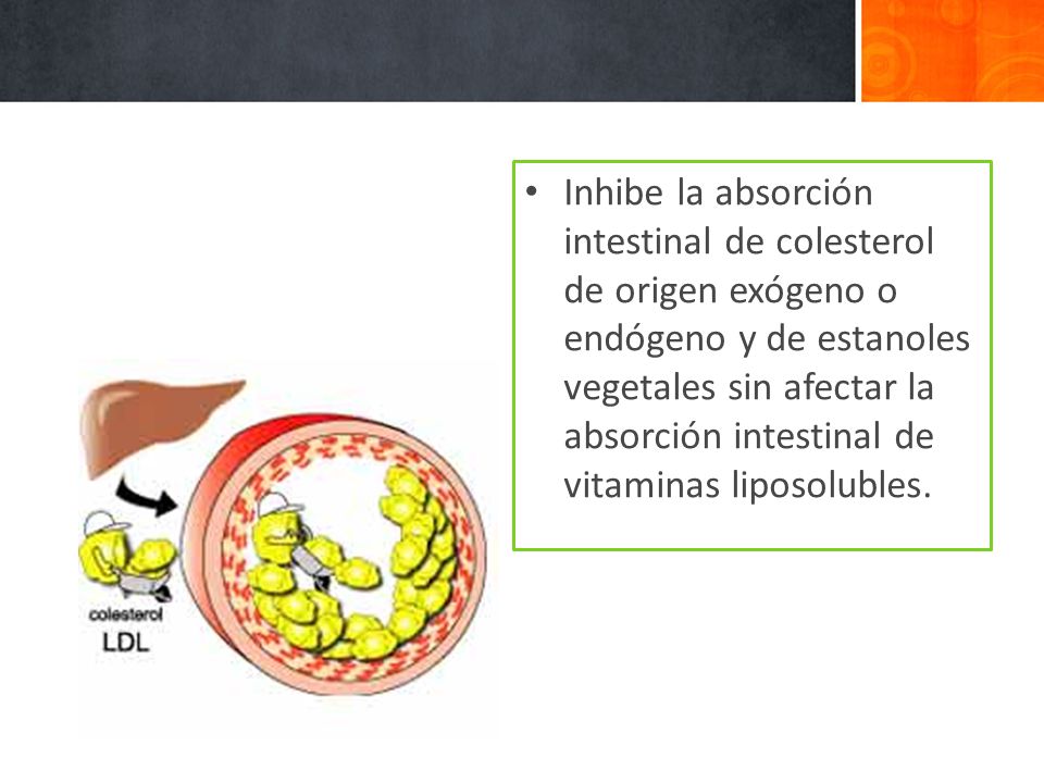 Inhibe la absorción intestinal de colesterol de origen exógeno o endógeno y de estanoles vegetales sin afectar la absorción intestinal de vitaminas liposolubles.