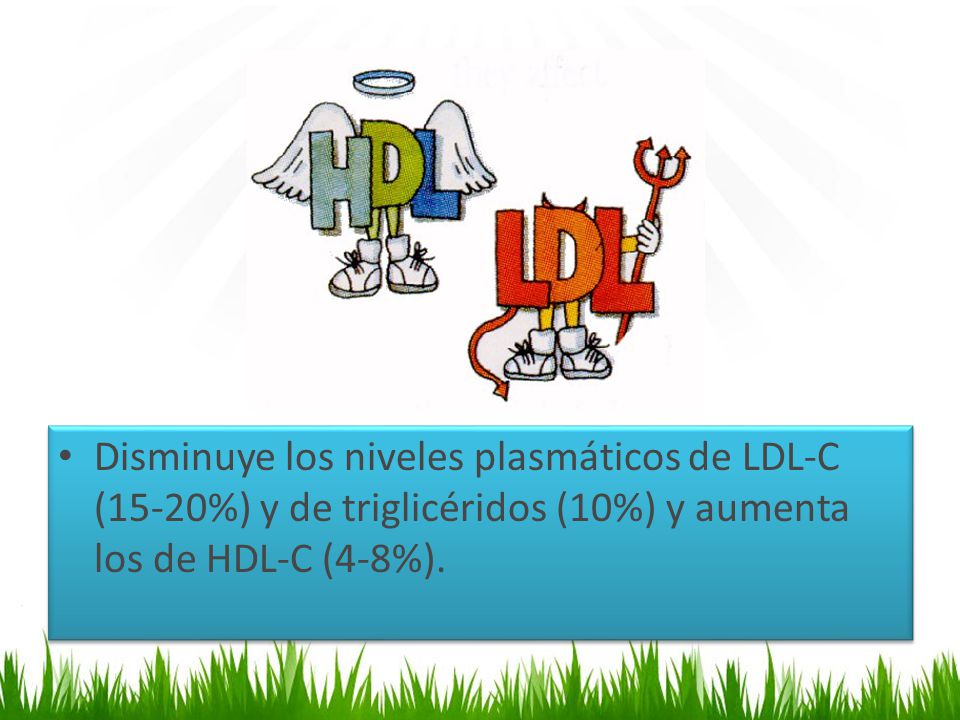 Disminuye los niveles plasmáticos de LDL-C (15-20%) y de triglicéridos (10%) y aumenta los de HDL-C (4-8%).