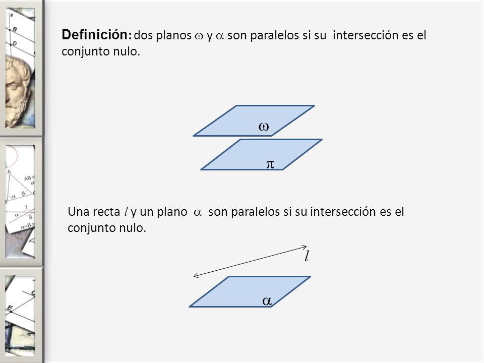Definición: dos planos  y  son paralelos si su intersección es el conjunto nulo.