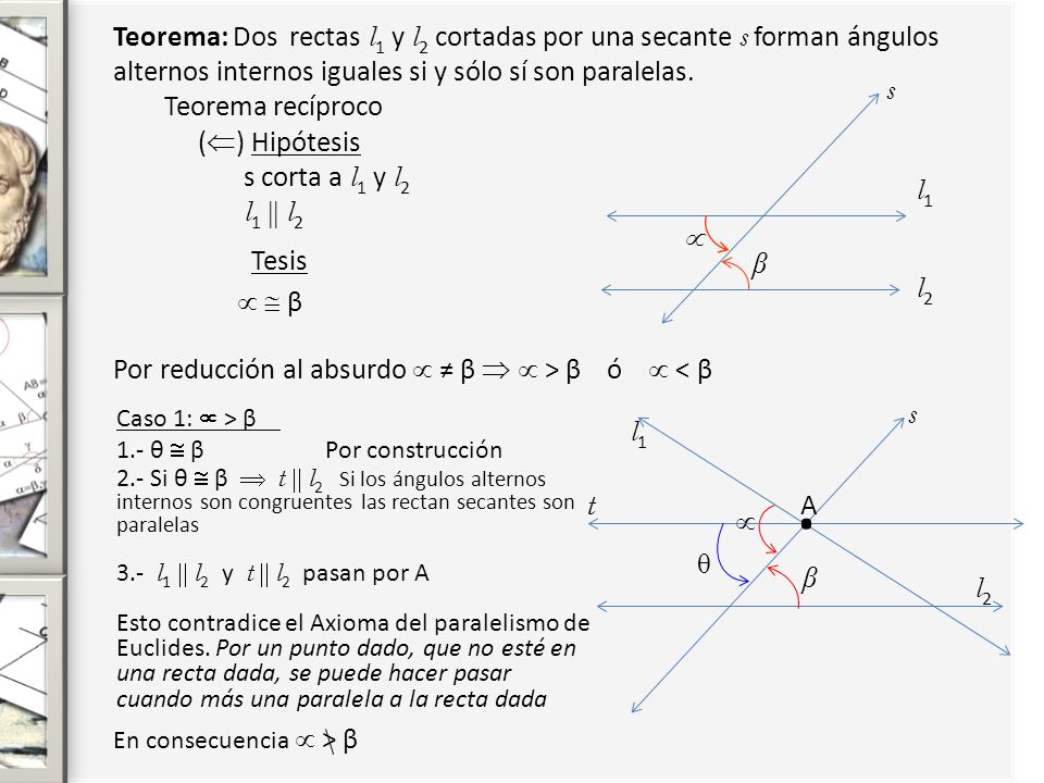 Teorema: Dos rectas l1 y l2 cortadas por una secante s forman ángulos alternos internos iguales si y sólo sí son paralelas.