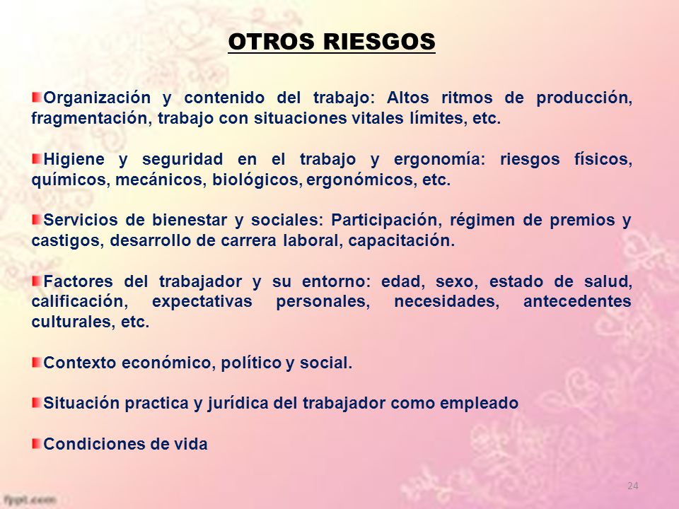 OTROS RIESGOS Organización y contenido del trabajo: Altos ritmos de producción, fragmentación, trabajo con situaciones vitales límites, etc.