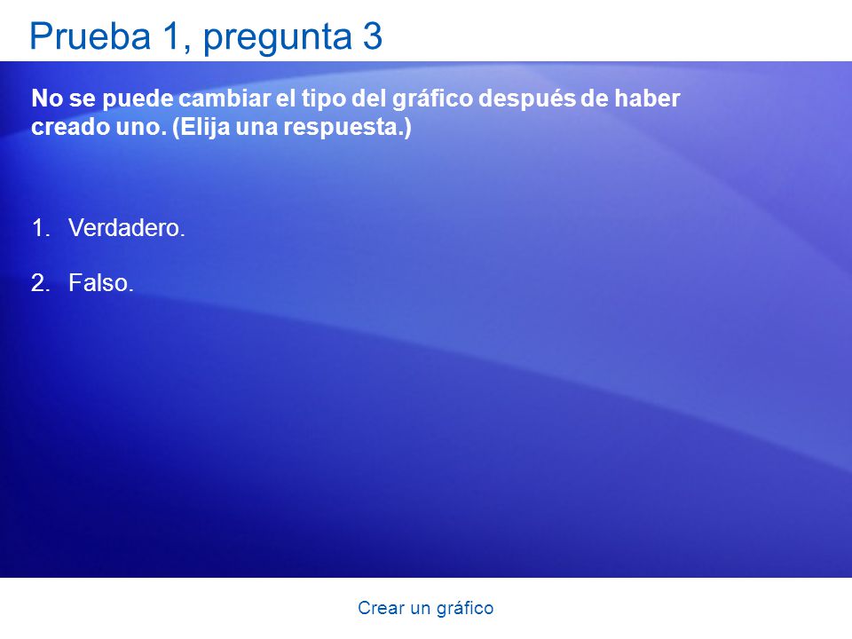 Prueba 1, pregunta 3 No se puede cambiar el tipo del gráfico después de haber creado uno. (Elija una respuesta.)