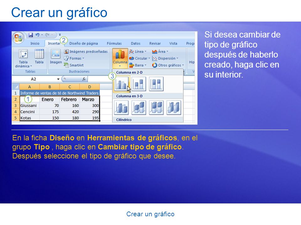 Crear un gráfico Si desea cambiar de tipo de gráfico después de haberlo creado, haga clic en su interior.