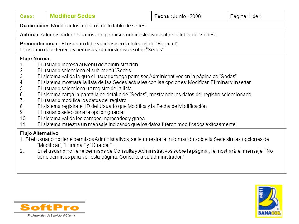Modificar Sedes Caso: Fecha : Junio Página: 1 de 1
