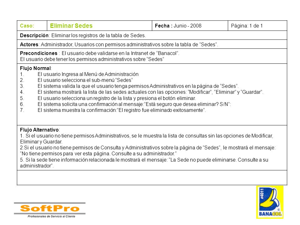 Eliminar Sedes Caso: Fecha : Junio Página: 1 de 1