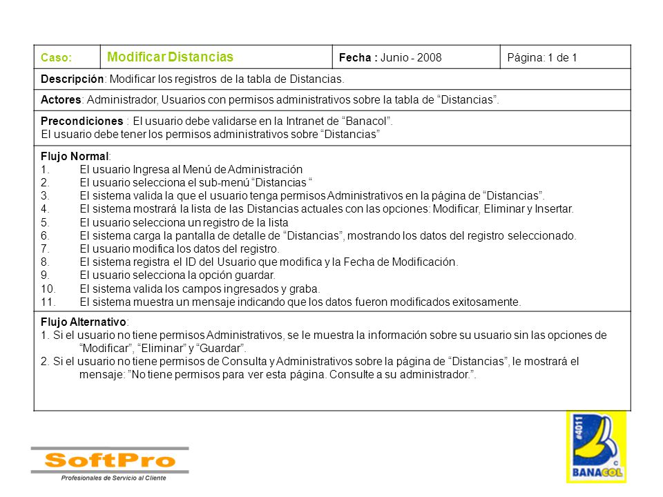 Modificar Distancias Caso: Fecha : Junio Página: 1 de 1