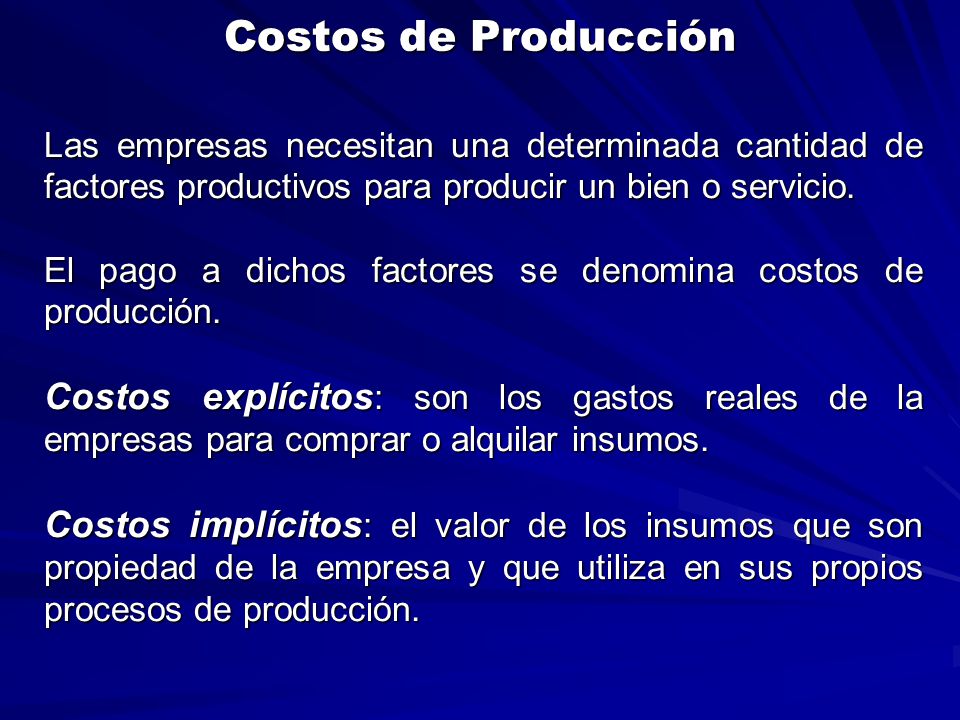 Costos de Producción Las empresas necesitan una determinada cantidad de factores productivos para producir un bien o servicio.
