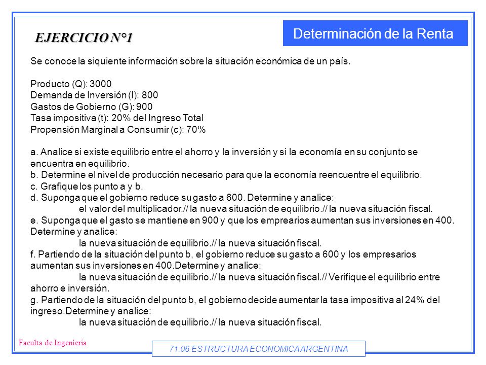 EJERCICIO N°1 Se conoce la siquiente información sobre la situación económica de un país. Producto (Q):