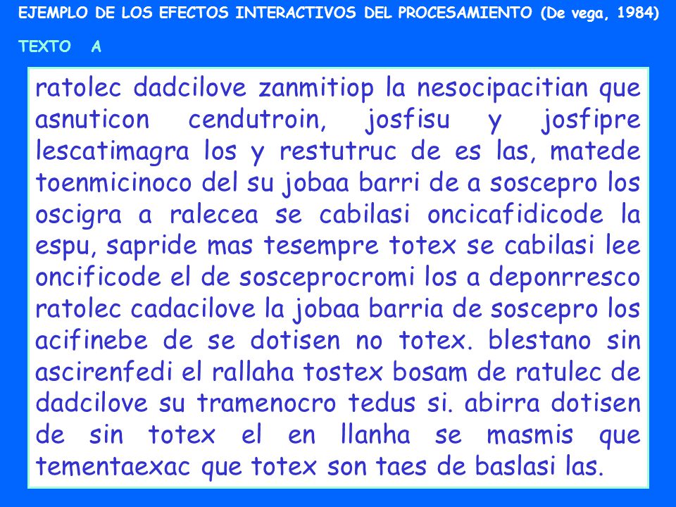 EJEMPLO DE LOS EFECTOS INTERACTIVOS DEL PROCESAMIENTO (De vega, 1984)