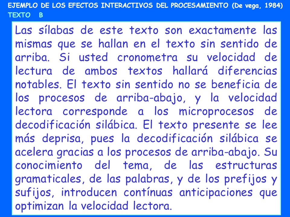 EJEMPLO DE LOS EFECTOS INTERACTIVOS DEL PROCESAMIENTO (De vega, 1984)