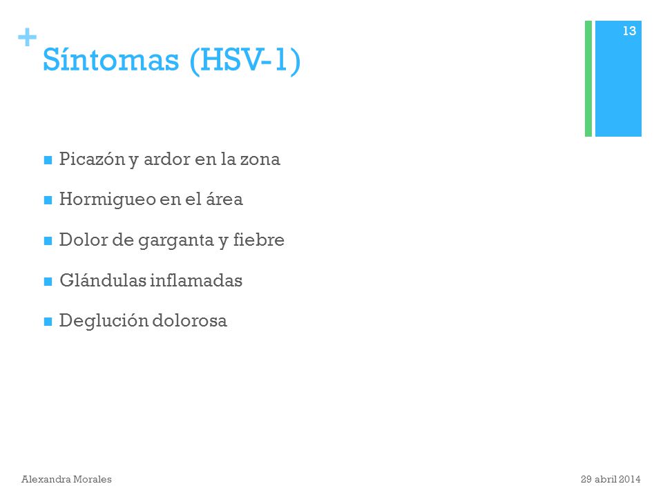 Síntomas (HSV-1) Picazón y ardor en la zona Hormigueo en el área