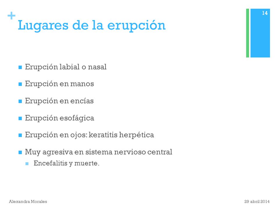 Lugares de la erupción Erupción labial o nasal Erupción en manos