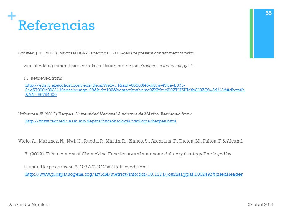 Referencias Schiffer, J. T. (2013). Mucosal HSV-2 specific CD8+T-cells represent containment of prior.