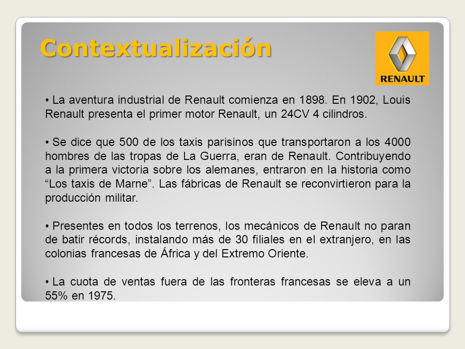 Contextualización La aventura industrial de Renault comienza en En 1902, Louis Renault presenta el primer motor Renault, un 24CV 4 cilindros.