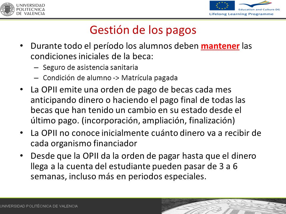 Gestión de los pagos Durante todo el período los alumnos deben mantener las condiciones iniciales de la beca: