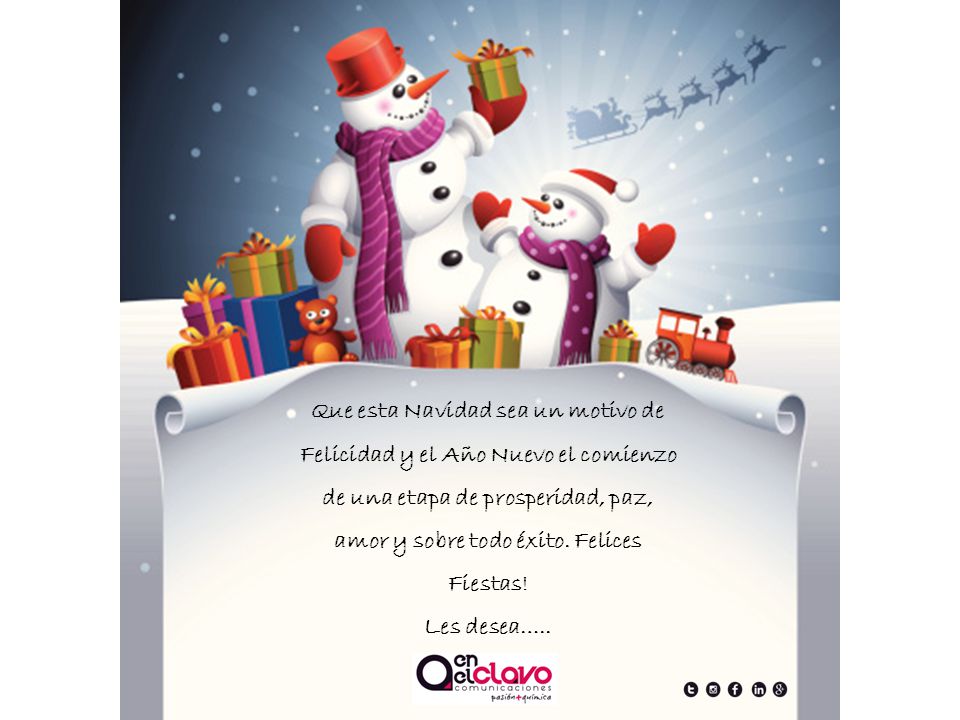 Que esta Navidad sea un motivo de Felicidad y el Año Nuevo el comienzo de una etapa de prosperidad, paz, amor y sobre todo éxito. Felices Fiestas!