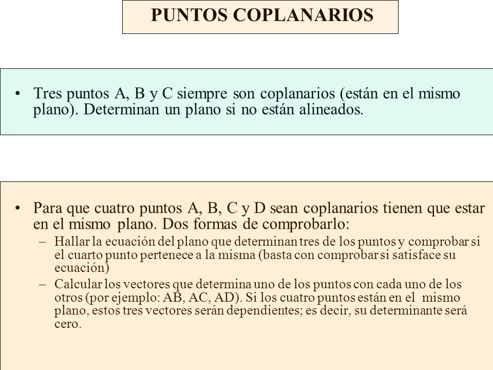 PUNTOS COPLANARIOS Tres puntos A, B y C siempre son coplanarios (están en el mismo plano). Determinan un plano si no están alineados.