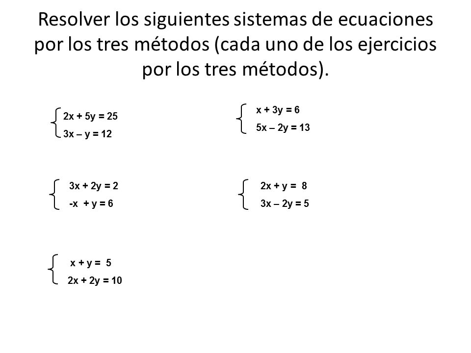 Resolver los siguientes sistemas de ecuaciones por los tres métodos (cada uno de los ejercicios por los tres métodos).