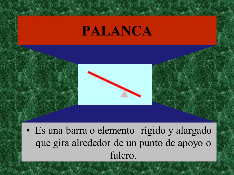 PALANCA Es una barra o elemento rígido y alargado que gira alrededor de un punto de apoyo o fulcro.