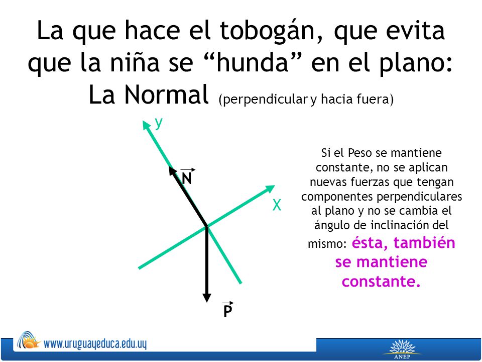 La que hace el tobogán, que evita que la niña se hunda en el plano: La Normal (perpendicular y hacia fuera)