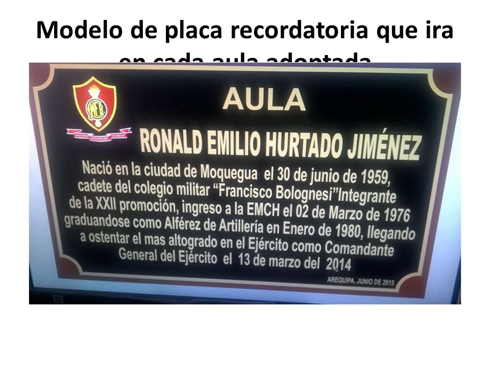 Modelo de placa recordatoria que ira en cada aula adoptada